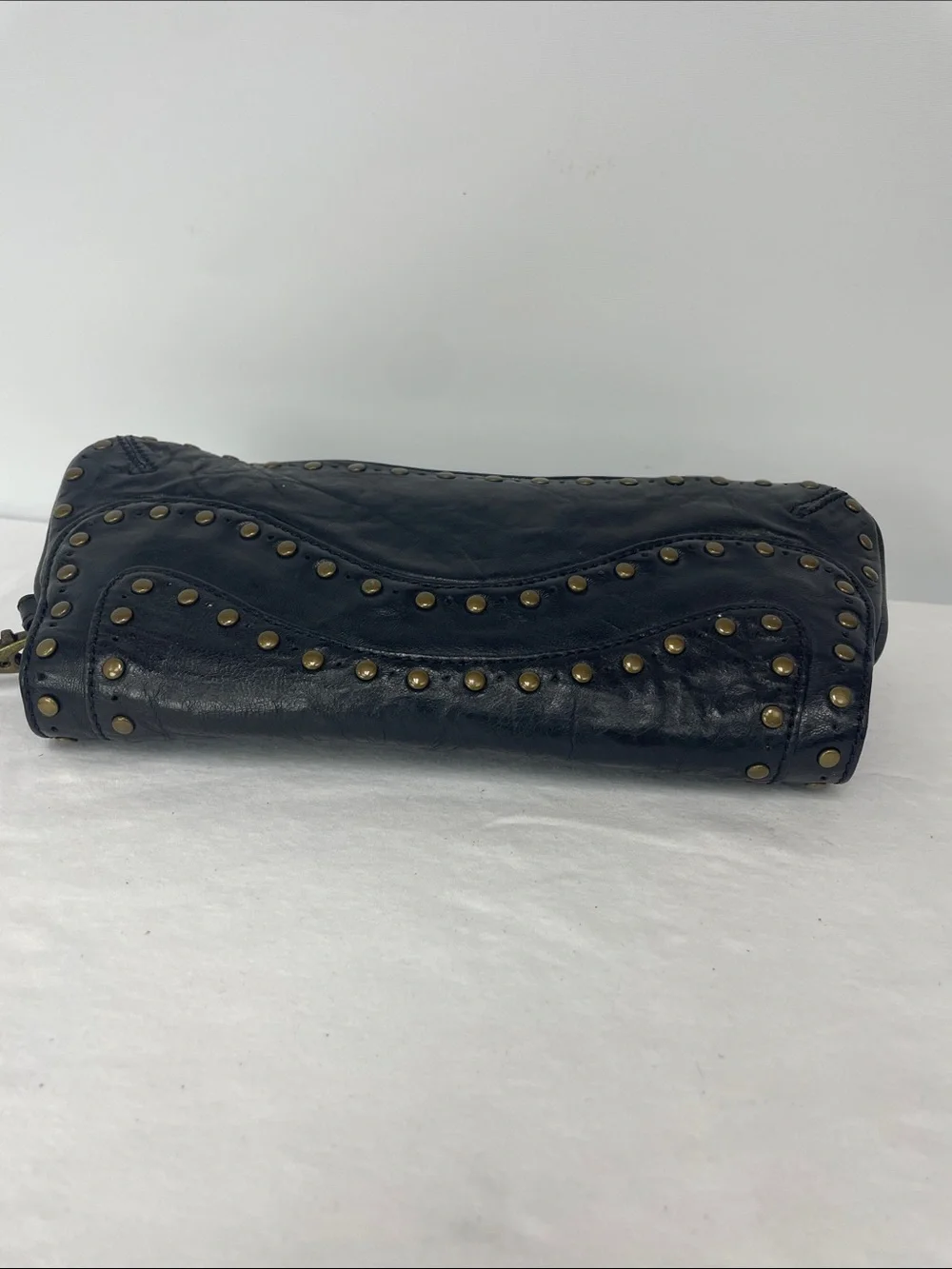Kooba Black Leather Studded Wristlet Clutch with Brass Accents